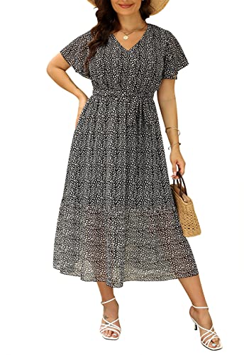 Image of Nemidor Plus Size Women Casual Maxi Dresses Print Bobo Belted Layered Chiffon Summer Long Dress with Ruffle Sleeve