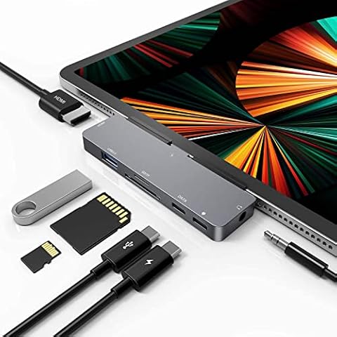 USB C Hub for iPad Pro 2018/2020/2021 11"12.9",iPad Air 4,RREAKA 7-in-1 USB C to 4K HDMI Adapter,3.5mm Headphone Jack,USB C PD Charging,USB 3.0,SD/Micro Card ReaderCompatible with MacBook Pro Cover