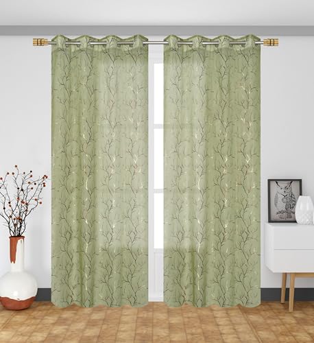 Image of littlelotus Tree Print Tissue Net Sheer Transparent Grommet Curtains for Window 5 feet Long Set of 2, Green