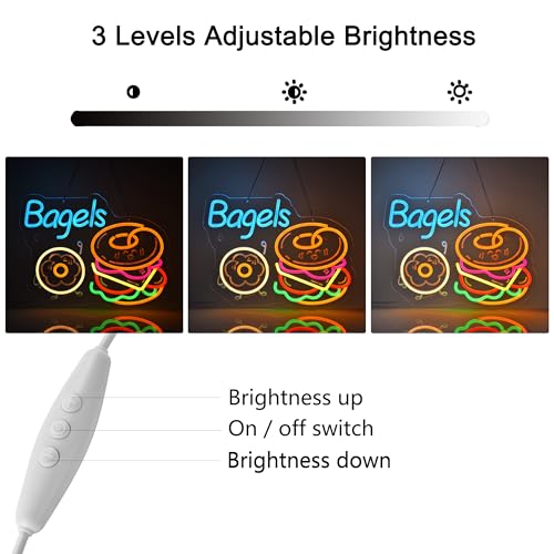Image of Bagels Neon Sign, Neon Lights Hanging Wall Art Decoration for Store Retail Shop Market Mall Grocery Bakeries Cafe Celebration Home Decor, USB Powered Ultra Bright Dimmable, 15.75*12.2 inches