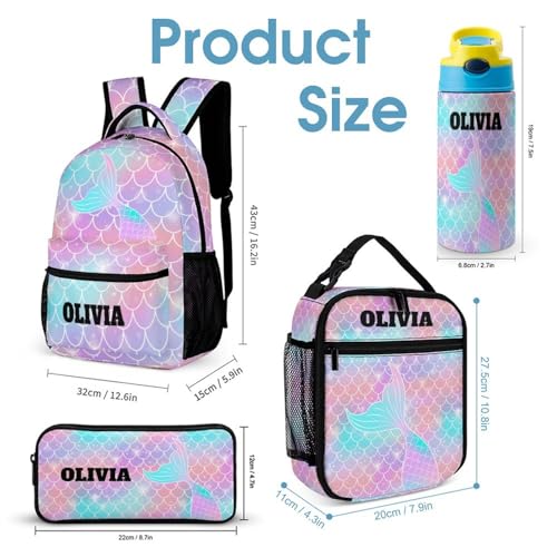 Custom Colorful Mermaid Tail 4Pcs Backpack Set with Lunch Bag Pencil Case Water Bottle Personalized Name Text School Book Bags Customized Backpack Set for Girls Boys Kids2