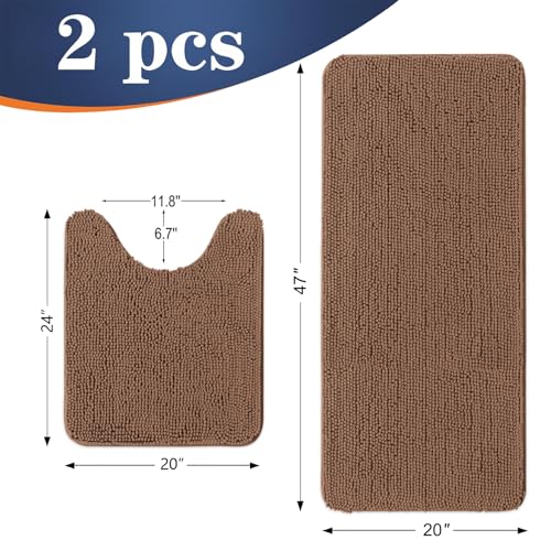 Image of OLANLY Bathroom Rugs Sets 2 Piece, Soft Absorbent Chenille Bath Mats and U-Shaped Contour Toilet Mat Area Rug Set, Machine Washable Bath Carpet, Home Decor Accessories(47 inchx20 inch+24 inchx20 inch, Mocha)