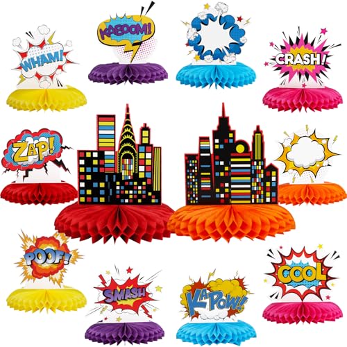 12PCS Hero Party Decoration Hero Honeycomb Centerpieces 3D Hero Table Topper Paper Large Word Centerpieces Fun Hero Action Sign Standing Cards for Happy Birthday Baby Shower Party Supplies Favor