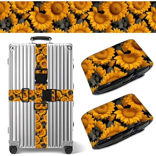 Image of 2 Pack Luggage Straps for Suitcases, Adjustable Travel Belt with Buckle, 2 inch Wide Heavy Duty Suitcase Straps for Summer Vacation, Bright Sunflower Pattern, Travel Essentials, Yellow /Black