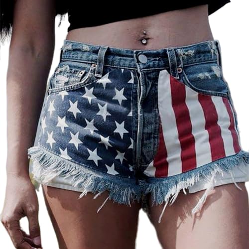 QPDJAPD Womens 4th of July Denim Shorts Ripped Frayed Hem Patriotic Jean Shorts for Women Summer Pants