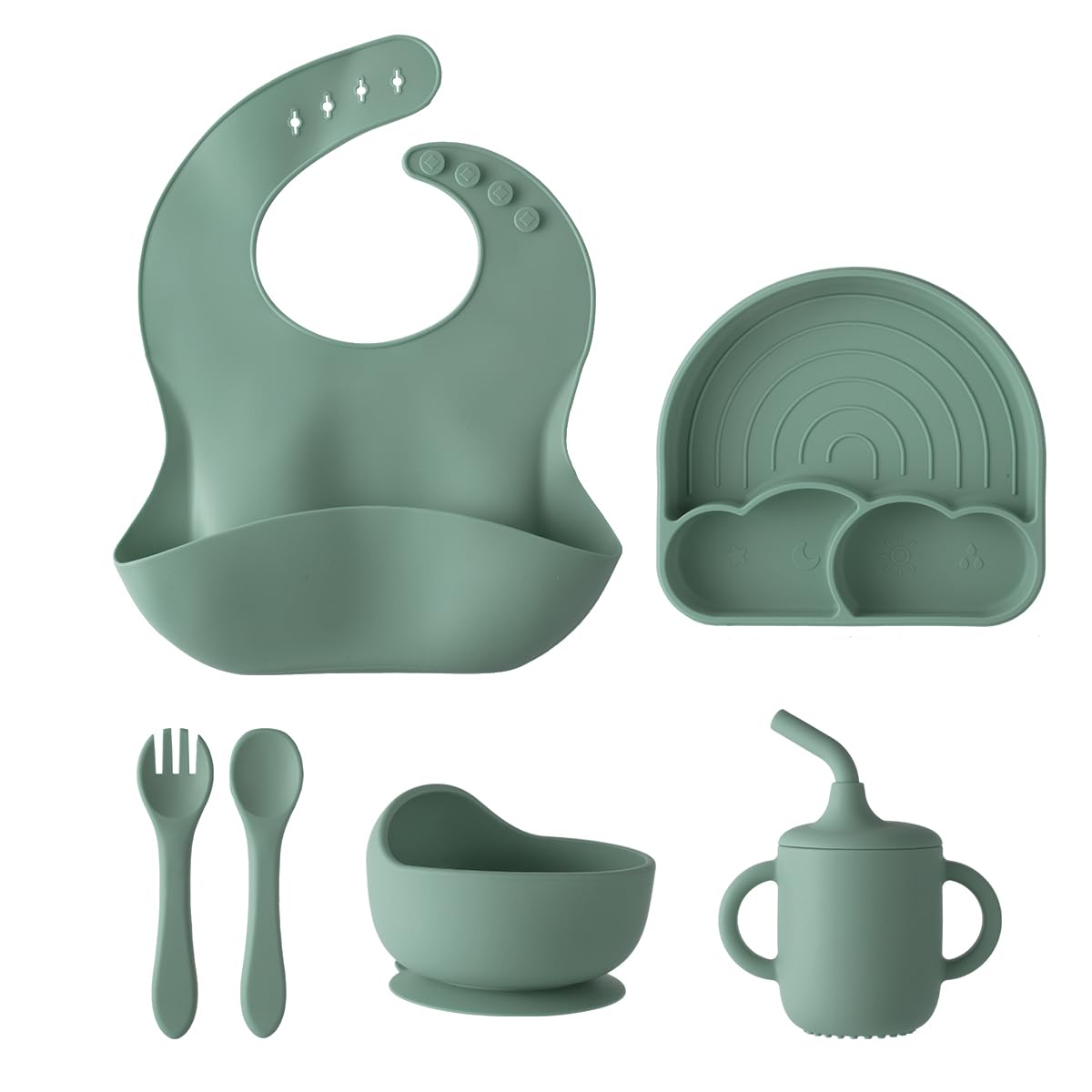 6 Pieces Silicone Baby Feeding Set?Baby Led Weaning Supplies?Utensils Food Grade Non-Bpa Strong Suction 3 Divided?Rainbow Suction Plate+Spoon+Fork+Bowl+Water Cup+Bib? (Military Green)