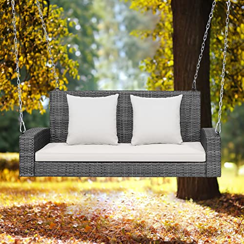 Tangkula 2 Person Wicker Hanging Porch Swing, Patiojoy Outdoor Rattan Swing With Soft Cushions And 2 Rustproof Steel Chains, 800 Lbs Patio Swing Bench For Balcony, Garden And Yard (Off White) #TOP7