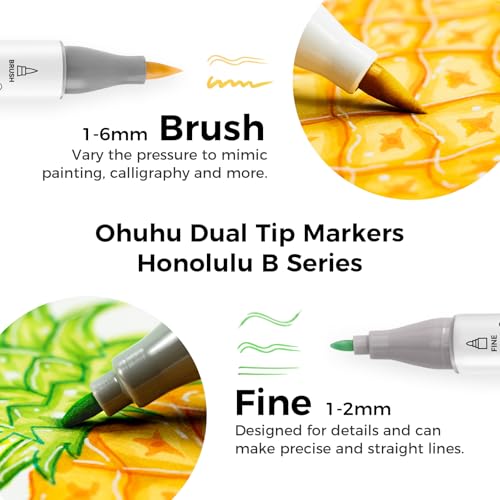 ohuhu alcohol markers brush tip - double tipped art marker set for artist adults coloring illustration- 72 colors- alcohol-based refillable ink - fine amp brush dual tips - honolulu b of ohuhu markers