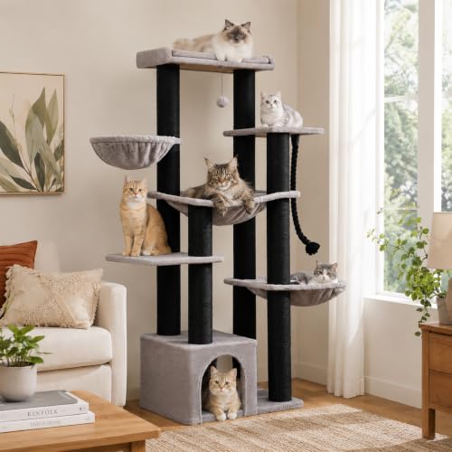 Image of MUTTROS Large Cat Tree-67 Maine Coon Cat Tower for Indoor Cats Large Adult with 7 Thick Black Scratching Posts (φ4.3), Multi-Level Condo, Big Perch & Hammocks -Black