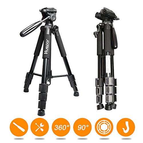 Huepar Lightweight TPD14 56" Adjustable Laser Level Tripod with 3-Way Swivel Pan Head, Quick Release Plate with 1/4" Screw Mount, Bubble Level, Multi-Function Hook and 5/8" UNF Adapter Nut