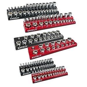 6-Piece Magnetic Socket Organizer Set, 1/2″, 1/4″ and 3/8″ SAE & Metric Deep & Shallow Socket Holder Kit, holds 141 stanard Sockets, attaches to steel box/tool cart (sockets not included)