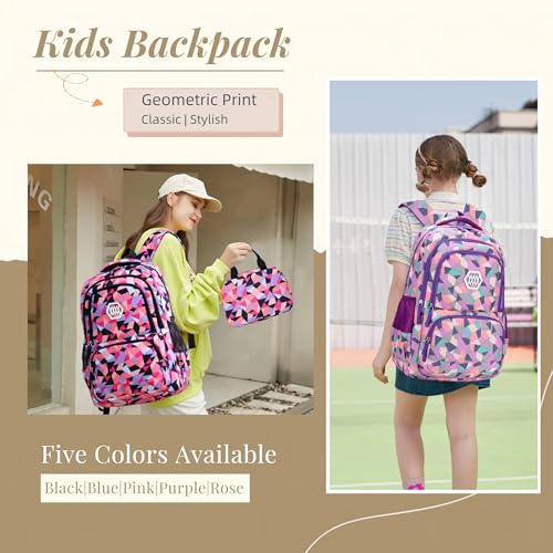3Pcs Geometric Print Kids Backpack Set for Girls with Lunchbag, Purple Girls Backpack Elementary Middle School Bag Bookbag2