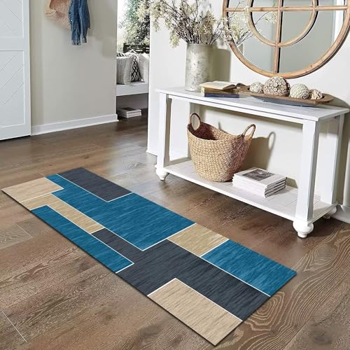 Tapis de salon bleu jaune moderne géométrique polyester 80x100
