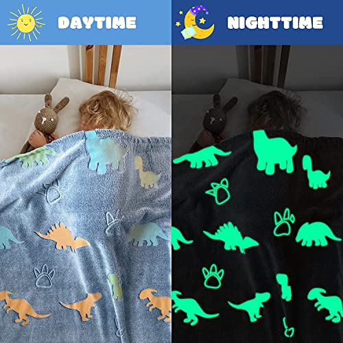 Image of Glow in The Dark Blanket Gifts for Toddler Kids Teen Girls| 80 x 70 inch / 200cm x 180cm |Bedroom Decor, Lightweight Throw Blankets|Soft Cozy Fluffy Luminous Throw Blanket - Blue Dino