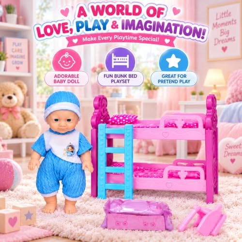 Image of Baby Dolll Bunk Bed Playset for Kids, Lovely Dolll with 2-Level Pink Bunk Bed, Blue Outfit & Cap, Dolll Accessories, Pretend Play Toy Set for Girls & Kids