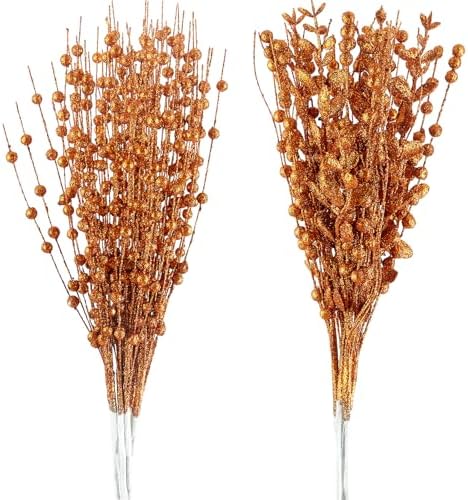 24-Pack Christmas Tree Picks Ornaments, Artificial Glitter Berry Stem Glittery Twigs Ornaments for Christmas Tree Decorations, Small Vase, Holiday, Wedding, Party Decorations (Orange)