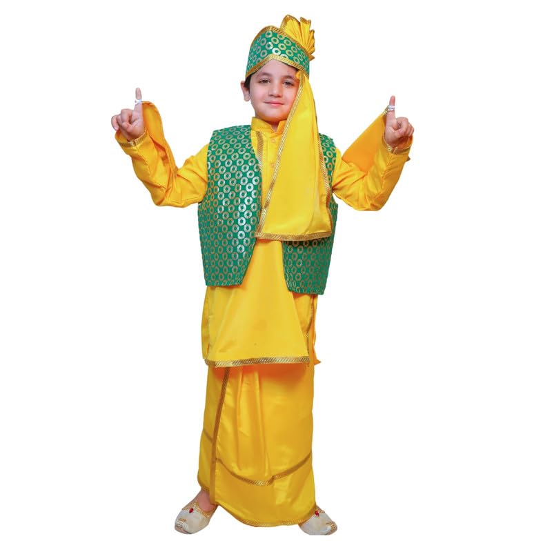 Image of Kaku Fancy Dresses Punjabi Boy Ethnic Costume for Kids - Yellow & Green Kurta Salwar & Turban Set | Indian State Fancy Dress for Boys (14-17 Years)