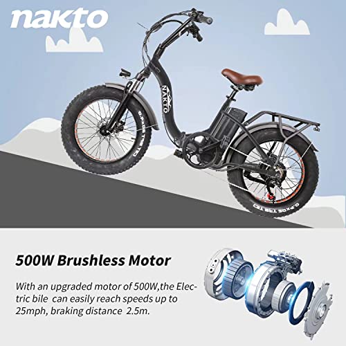 Nakto Electric Bikes For Adults, Foldable Ebike 20" X 4.0 Fat Tire Electric Bicycle With 500W Motor,35Mph, 48V 12Ah Removable Battery, Shimano 6-Speed And Dual Shock Absorber With Free Lock (Black) #TOP2