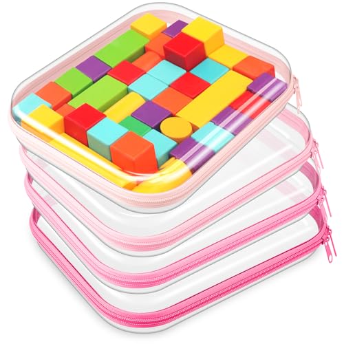 Image of Hoolerry 4 Pcs Hard Clear Zipper Case Makeup Bags Plastic Zipper Pouch Transparent Storage Box Containers for Cosmetics, Snacks, Building Blocks, Puzzles(Clear,9.8 x 7.9 x 2 in,Pink)
