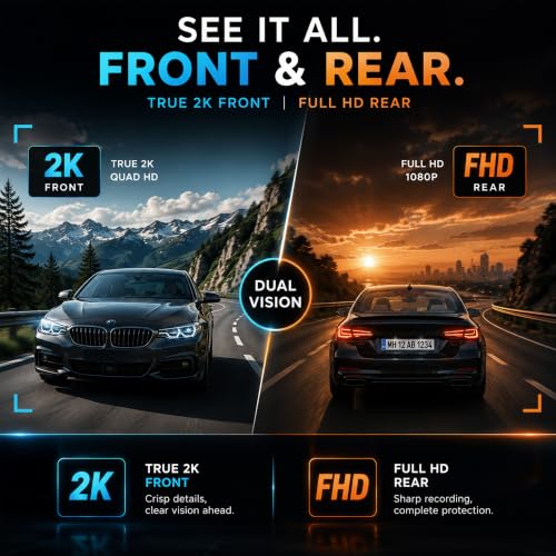 Image of MyFitSpark DC-101 WiFi Duo Real 2K Dual Channel Dash Cam Car Front and Rear | Novatek AI Chipset ADAS Safety Night Vision Wi-Fi App Supercapacitor Parking Mode 130 Wide Angle Upto 512GB