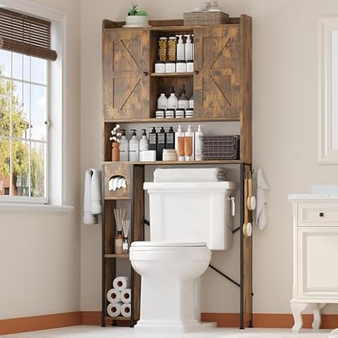 Over The Toilet Storage Cabinet with Metal Frame and 7 Storage Shelves, Bathroom Organizer with Adjustable Shelves, Paper Holder and Towel Racks, Farmhouse Storage Cabinet for Bathroom, Laundry, Brown Cover
