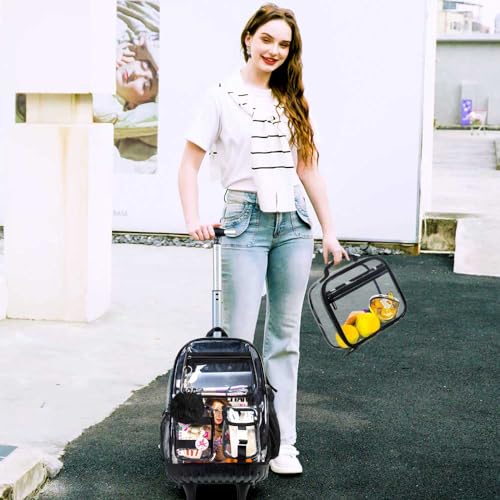 Rolling Clear Backpack for Women, Heavy Duty PVC Transparent Wheeled Bookbag, See Through School Bags with Wheels for Teens Elementary Travel - Black2