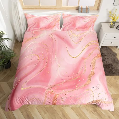 Erosebridal Pink Ombre Duvet Cover Twin Size,Romantic Pink Marble Bedding Set for Girls Women,Golden Lines Comforter Cover,Fluid Ink Art Bed Sets with 1 Pillowcase Lightweight