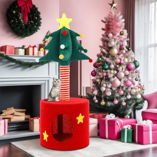 Image of Christmas Cat Tree Tower with Sisal Scratching Post Scratcher | Gift Box, Christmas Cat House, Condo Bed, 33 Inch, Indoor Kittens to Play and Sleep, Xmas Holiday Decoration