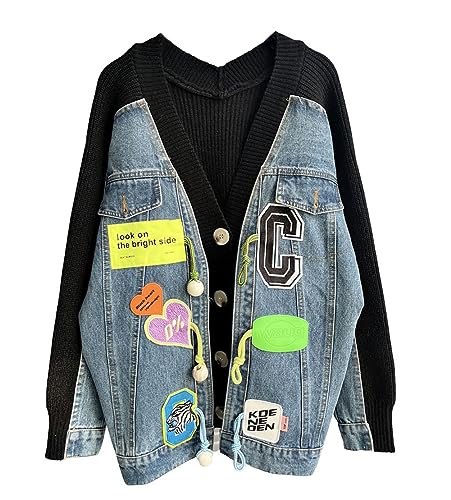 CHARTOU Women's Oversized Open Front Cardigan Jean Patchwork Rib Knit Sweater Coats