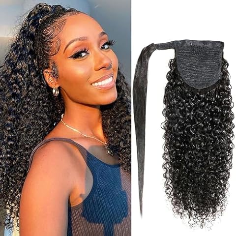 Yepei Curly Ponytail Extension Human Hair for Black Women Brazilian Wrap Around Ponytail Human Hair Curly Clip in Ponytail Hair Extensions Natural Black 16 Inch Cover