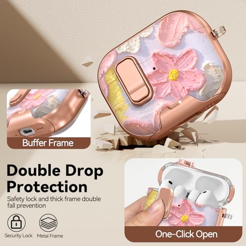 Image of for AirPod Pro 3 Case 2025, with Safty Lock & Phone Stand for Pink AirPod Pro 3 Generation Case Cover for Women Girly, iPod Pro 3 Cases with Keychain & Cleaner Kit - Oil Painting Flower