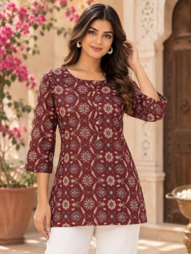Image of feranoid Printed Top with Round Neck & 3 /4 Sleeves (S-XXL)