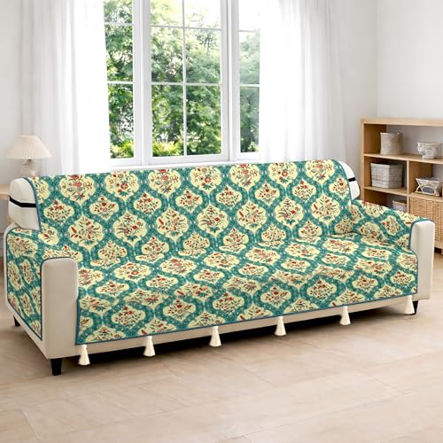 Image of Cloth Fusion 300 GSM Quilted Jaipuri Theme Printed 4 Seater Sofa Cover Mat-Style Fully Covered with Armrest Pockets, Adjustable Straps & Lock Fit (220 cm Seat Run, Floral Damask)