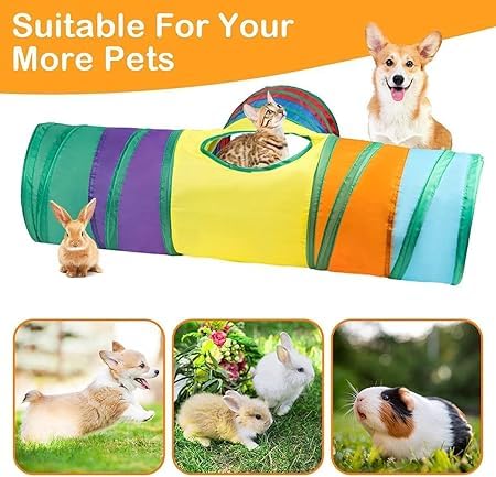 Image of Cawypety Cat Tunnel Toy Collapsible Pet Play Tube with Storage Bag for Cats, Puppy, Rabbits, Guinea Pig, Indoor and Outdoor Use (Rainbow 3 Way Tunnel)