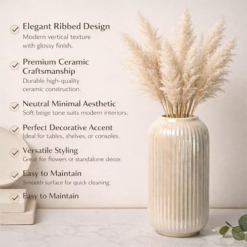 Image of Art Street Modern Ribbed Ceramic Flower Vase | Pearl White Decorative Boho Vase for Living Room, Bedroom & Office Dcor - (Flower not Included) 5x9 Inch