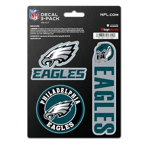 Logo Brands Philadelphia Eagles NFL Team Logo Vinyl Sticker 3 Pack Heavy Duty Decal for Indoor or Outdoor Use on Laptops Coolers & Notebooks - Officially Licensed Philadelphia Eagles Wall Art