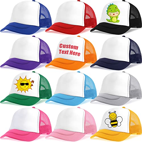 Handepo 12 Pack Trucker Hat for Kids Summer Polyester Mesh Cap Adjustable Sublimation Blank Hats Baseball Caps for Outdoor (Multi Color)