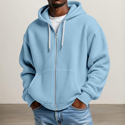 Zip Up Hoodie Men Waffle Knit Casual Hooded Sweatshirts With Pocket - image 2