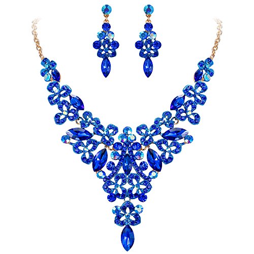 EVER FAITH Crystal Hollow Flower Statement Necklace Earrings Set for Bride, Prom Blue Gold-Tone
