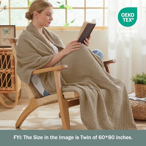 Image of EMME Muslin Blankets for Adults Throw Blanket for Couch Breathable Gauze Soft Lightweight Airy Tan Throw XL 50 inch x 71 inch
