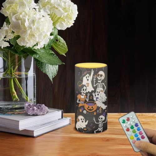 Image of Poceacles Flameless Candle Battery Powered with Remote Control 12 Colors 4 /8 Hours Timer LED Night Lights Pillar Candle Tealights Halloween Decoration, Ghost Pumpkin Musical Note Print