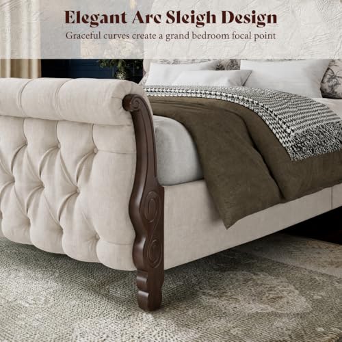 Image of AMERLIFE Upholstered Queen Bed Frame, 53 inch Tall Sleigh Bed with Button Tufted Chenille Headboard and Footboard, Platform Bed with Carved Solid Wood Legs, No Box Spring Needed, Cream