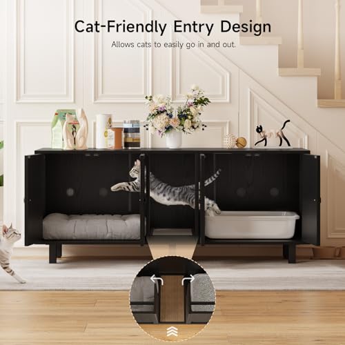 Image of ONBRILL 59 Inches Cat Litter Box Enclosure for 2 Cats, Hidden Litter Boxes Furniture with Cat Scratch Pad, Large Indoor Pet House with Double Room, Wooden TV Stand Side Table, Black