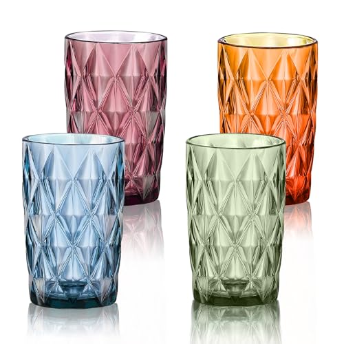 LOITTAINUE Trinkgläser Set Bunt - Gläser Set 4 Teilig 400ml Vintage Wassergläser aus Glas mit Geprägtem Design - Saftgläser Drinkgläser Küchengläser - Spülmaschinenfest (B)
