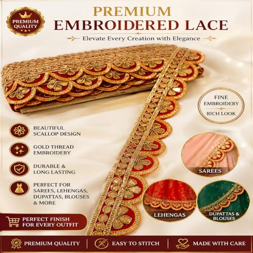 Image of Designer Golden Zari Lace Border for Ethnic Dress Blouse Saree Dupatta Lehenga Chunri Craft Decoration Sewing Embroidery Decorative Trim Roll Red and Gold (RM-LACE47-1)