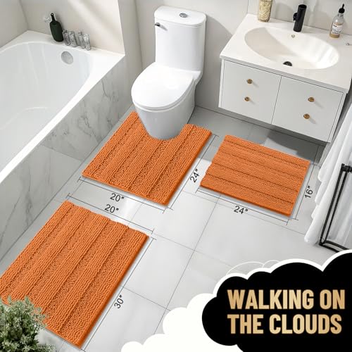 Image of OLANLY Thick Bathroom Runner Rugs 44x24, Extra Absorbent Chenille Striped Bath Rugs, Rubber Backing, Machine Wash Dry, Long Bath Mats for Bathroom Floor, Tub and Shower, Home Decor Accessories, Clay