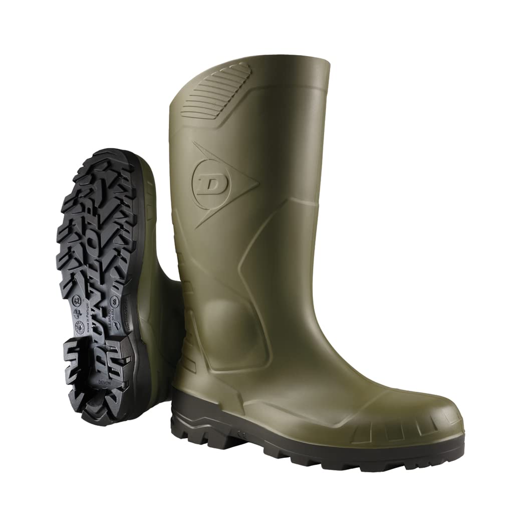 DUNLOP Devon - Unisex Full Safety Waterproof Wellington Work Boots, Green, S5 Certified Antistatic and Chemical Resistant PVC Wellies with Steel Toecap for Industrial and Farm Work - EU47, UK12