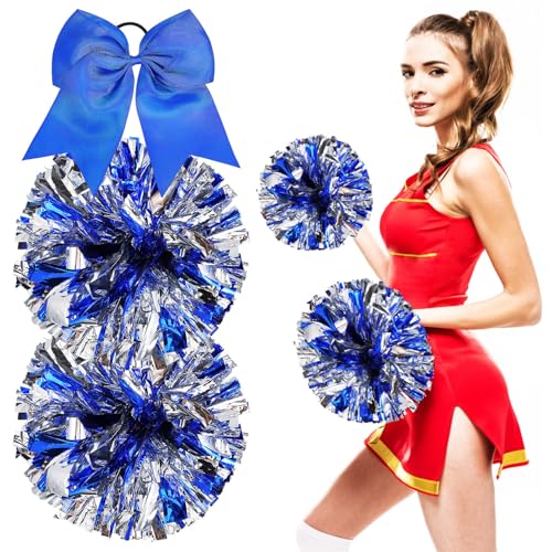 Ipetboom 1set Blue Cheerleading Pom Poms with 1Pcs Cheerleader Hair Bows Cheering Pom Poms for Kids Adults Team Spirit Cheering Football Baseball Softball Dance