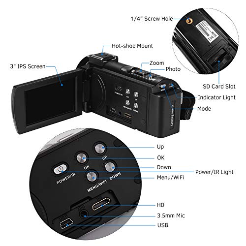 Sunbaca HDR-AE8 Câmera de vídeo digital 4K WiFi Filmadora Gravador DV 30MP 16X Zoom digital infraver