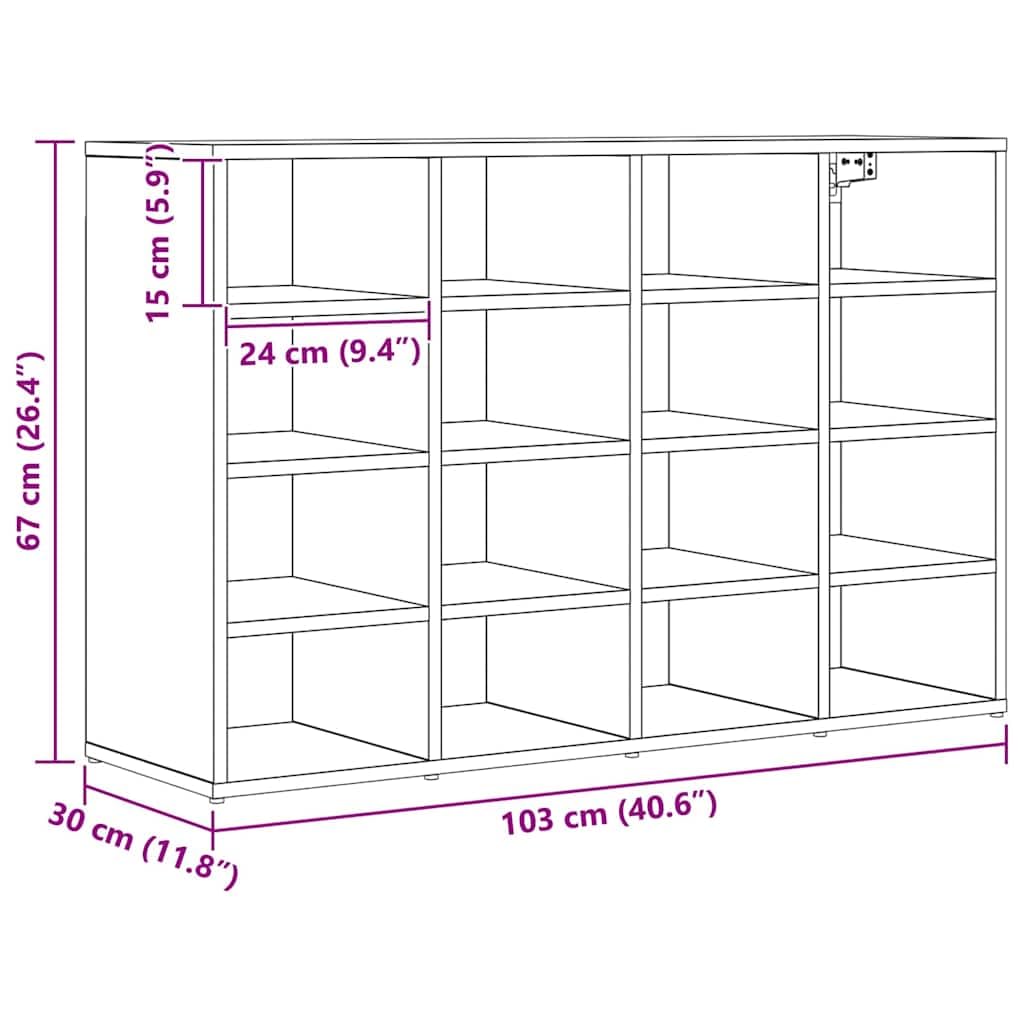 Schuhschrank mit Regal Schwarz Eichen-Optik 103 x 30 x 67 cm, schmaler Schuhständer mit 16 Regalbrettern, platzsparende Schuhaufbewahrung für Flur, Diele, Eingangsbereich